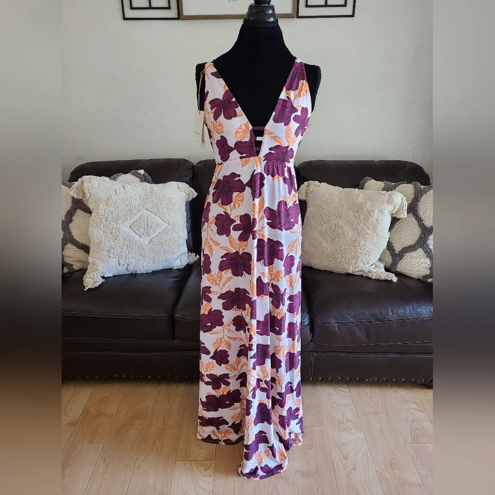 Maaji‎ Floral Print Strappy Back Maxi Dress Swimsuit Cover Size M Boho Chic NWT